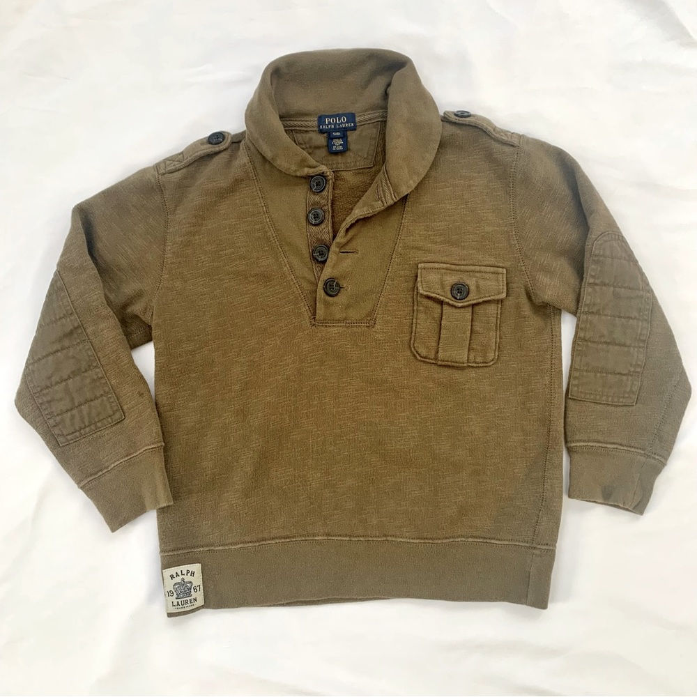Boys Polo by Ralph Lauren Cowl Neck Button Mustard Olive Sweatshirt Smal…